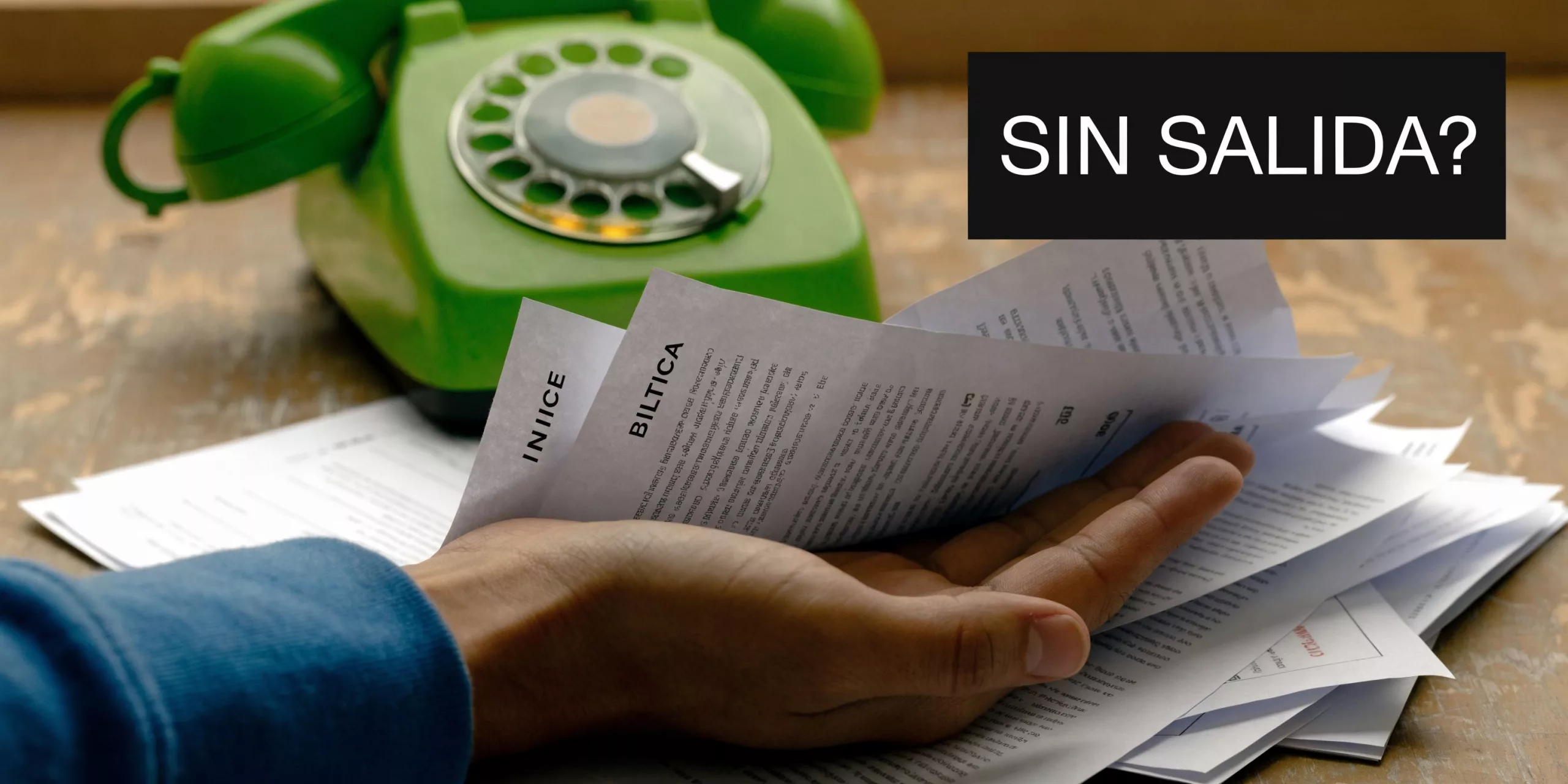 Persona sosteniendo una pila de documentos legales de insolvencia frente a un teléfono de disco antiguo