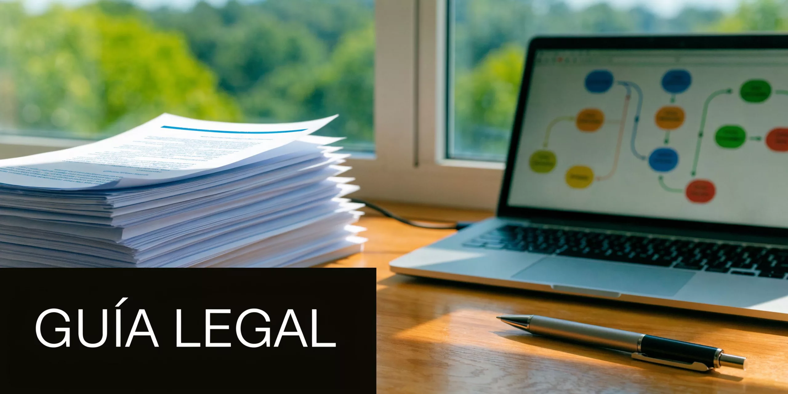 Escritorio con una pila de documentos legales y una computadora portátil mostrando diagramas sobre una mesa de madera.