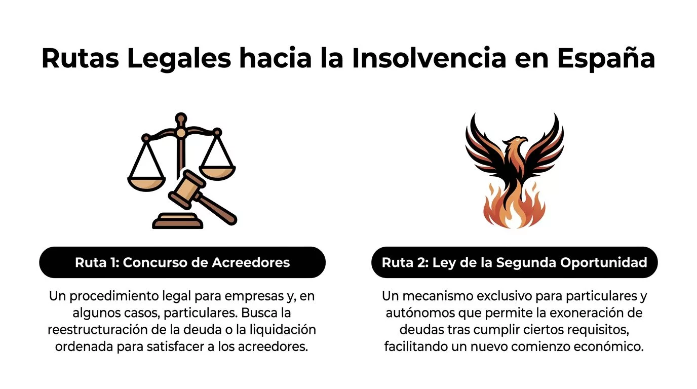 Infografía sobre las rutas legales de insolvencia en España, detallando el concurso de acreedores y la segunda oportunidad.